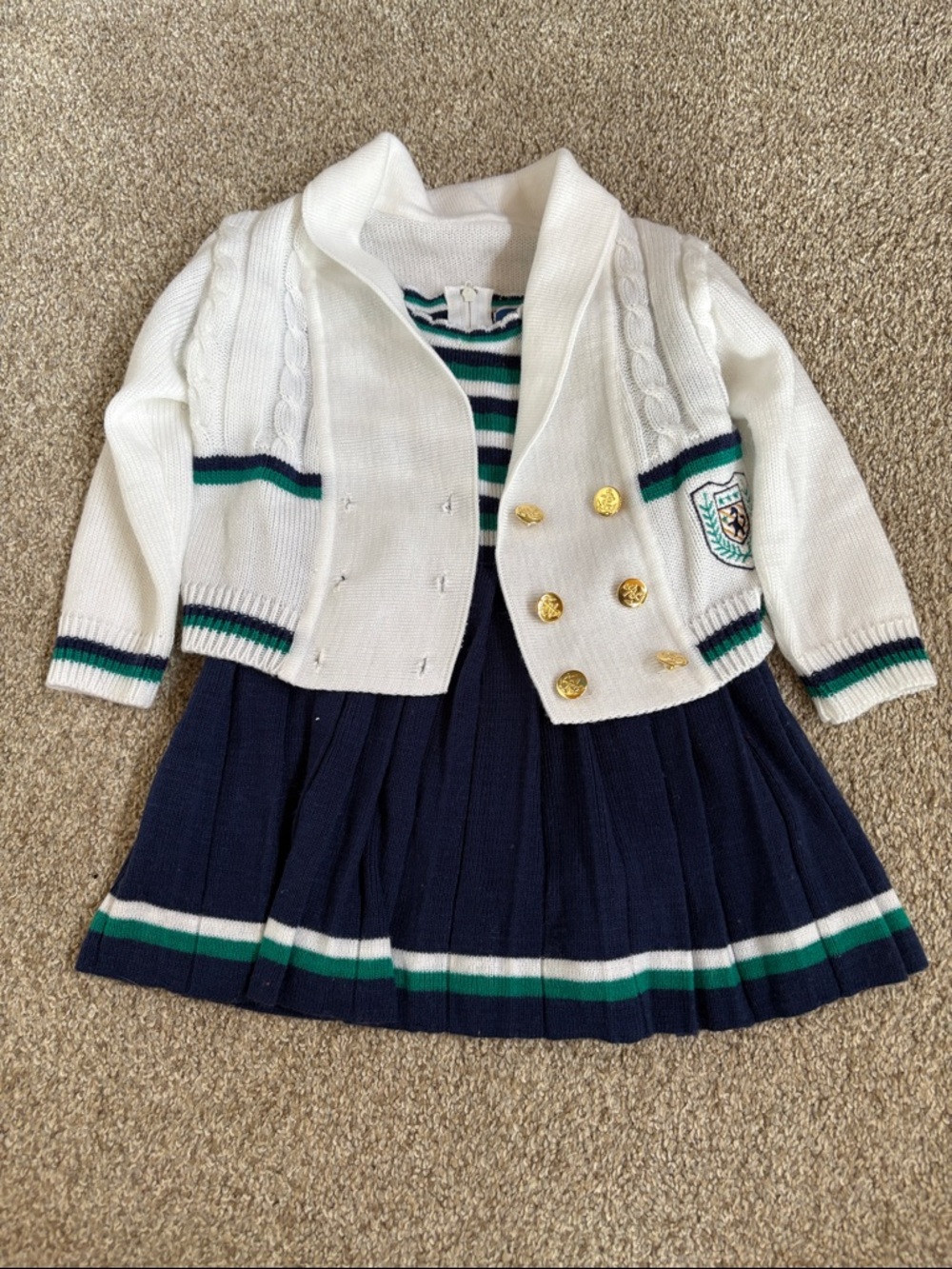 VINTAGE Navy Pleated Skirt and White Knit Cardigan Set with Green Stripe